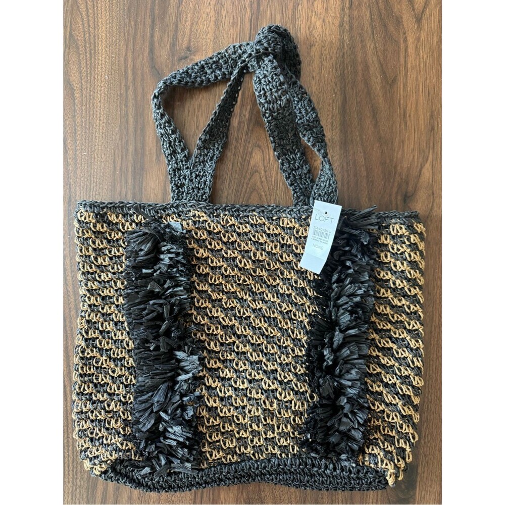 LOFT NWT Raffia Fringe Tote Beach Bag Woven Straw Resort Vacation